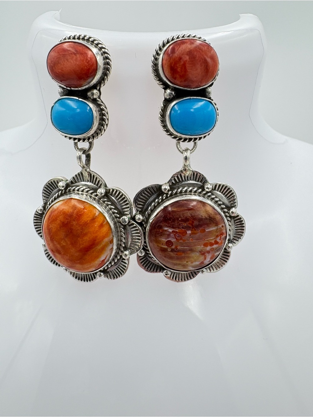 Vintage Etta Endito Navajo 925 Silver Spiny Oyster Shell & Turquoise Earrings - Picture 6 of 10